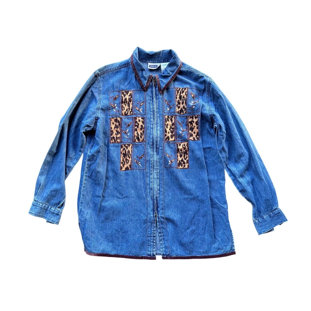 Erika & Co Denim‎ Zip Up Shirt Jacket Leopard Patchwork Floral Embroidery Medium